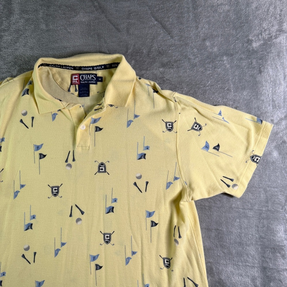 Chaps Ralph Lauren Golf Polo Shirt Yellow Golf Ball Flag Print Mens M